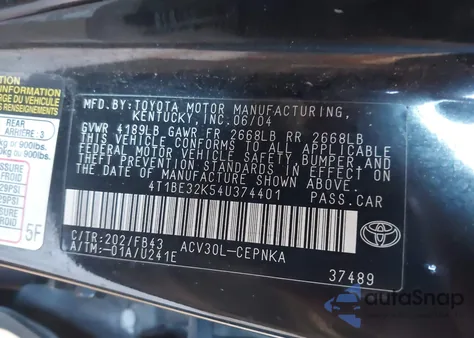 2004 Toyota Camry Le из США, поврежденный, VIN 4T1BE32K54U374401